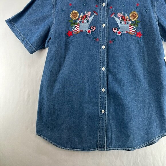 Vtg Quizz Again Jeans Denim Shirt Women XL Short Sleeve Button Up Patriotic Blue - Picture 6 of 10